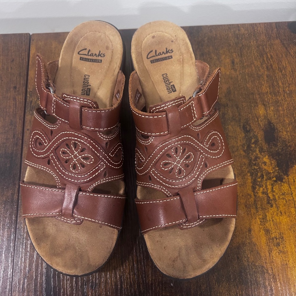Clarks Collection Leisa Vine Brown Leather Slide Sandals Womens 7 M 261247884045